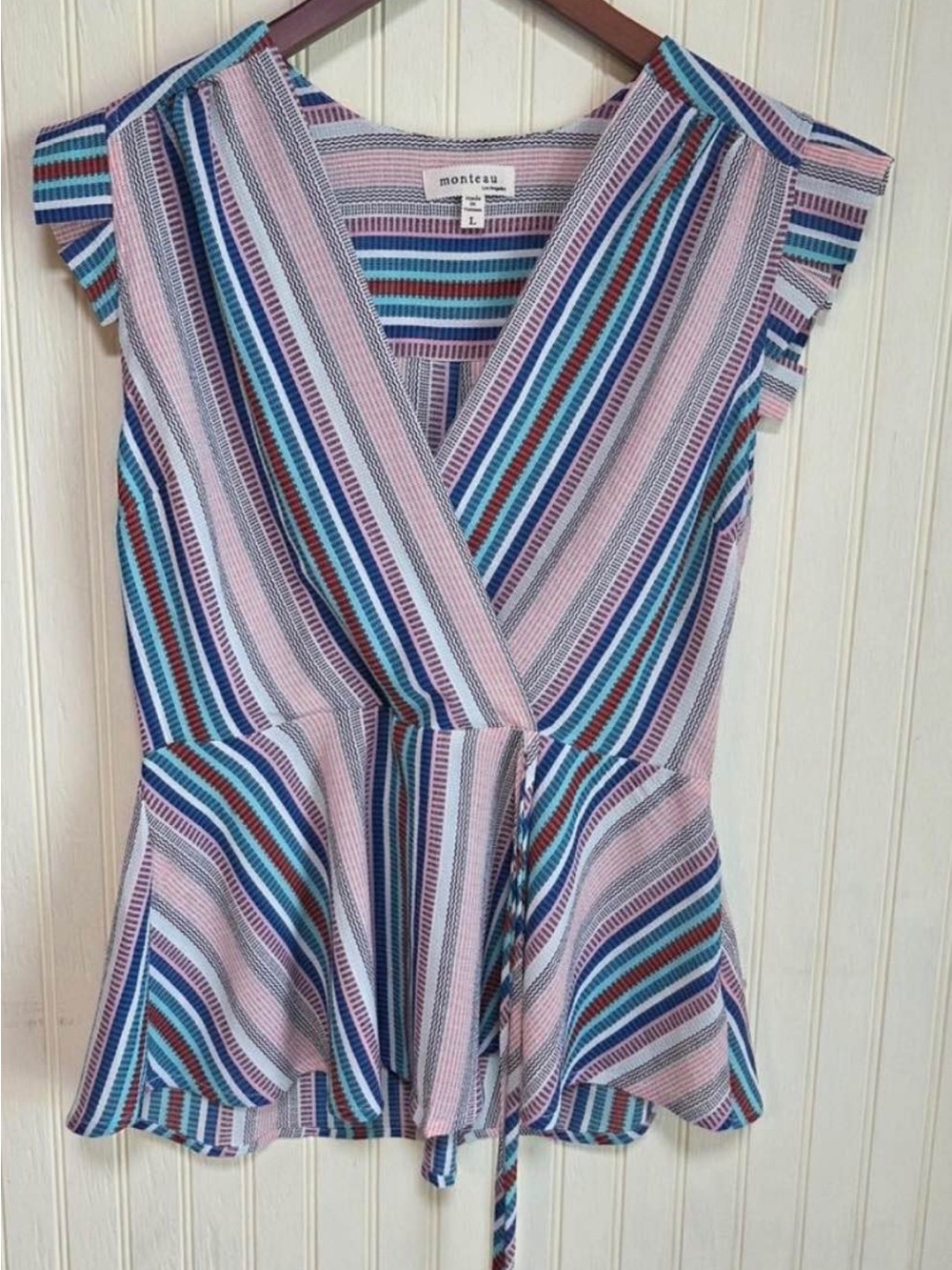Monteau Pink, Blue & Purple Striped Wrap Peplum Blouse